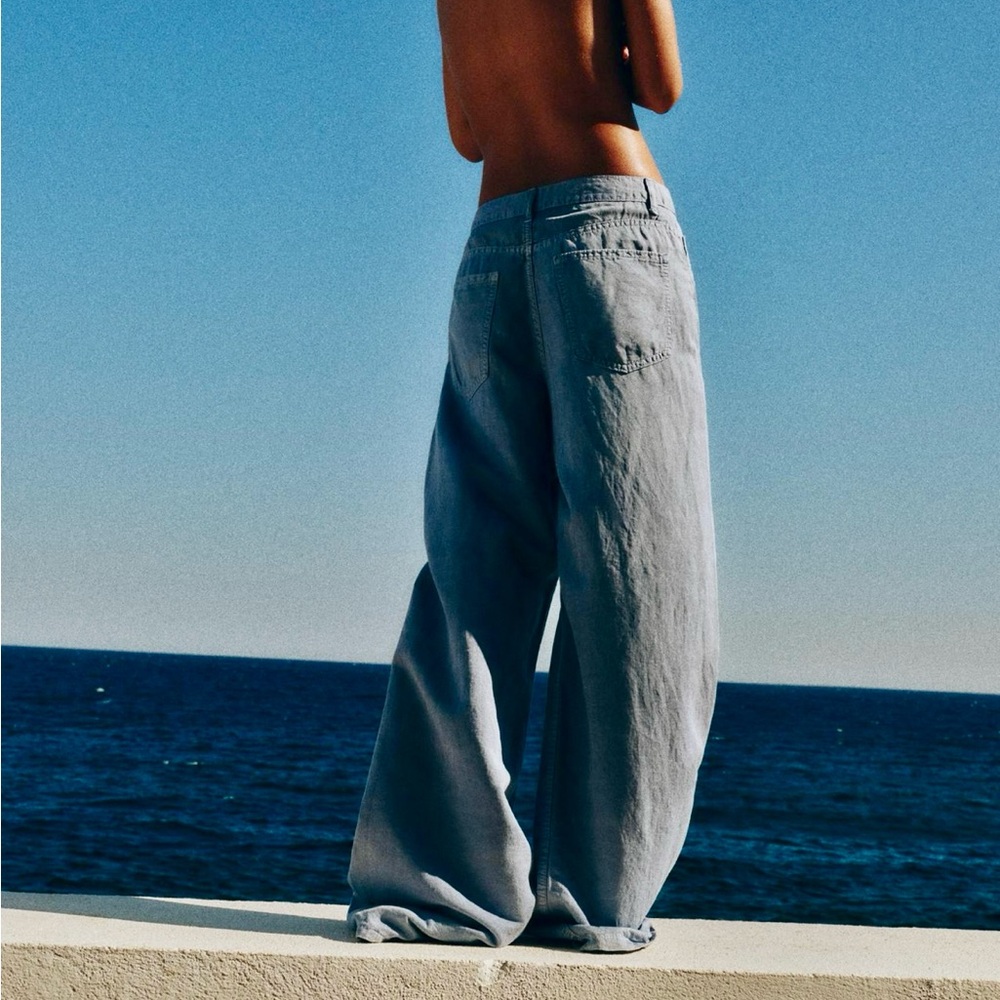 MID WAIST WIDE LEG LINEN BLEND PANTS